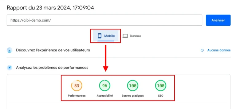 performance chargement site web gibi-demo.com sur mobile