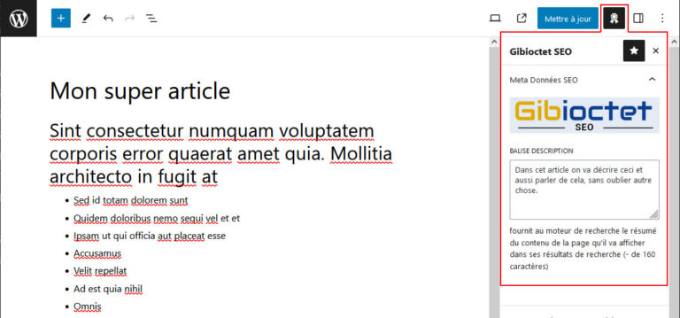 panneau spécifique dans l'éditeur Gutenberg