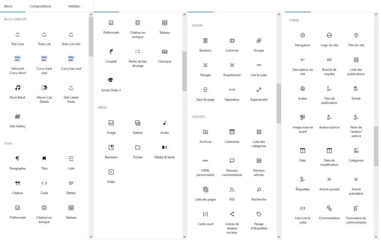 liste de blocks Gutenberg